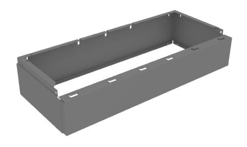 Gray, rectangular metal frame with open top and bottom. Features cut-out tabs along the upper edges, suggesting assembly or attachment points. Viewed at an angle, displaying its depth and simple, industrial design.
