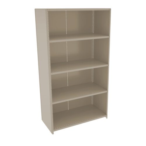 Metal shelving unit with five adjustable shelves and perforated side panels. The unit is beige and has a simple, sturdy design suitable for storage or organizing items. The background is plain white.