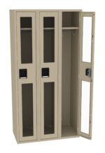 A three-unit beige locker with transparent doors. Two doors are closed, and one is open, revealing a hanging rod and shelf inside. Each locker has a black handle and a rectangular section of clear glass.