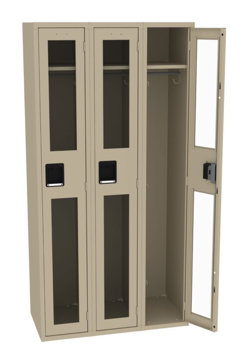 A three-unit beige locker with transparent doors. Two doors are closed, and one is open, revealing a hanging rod and shelf inside. Each locker has a black handle and a rectangular section of clear glass.