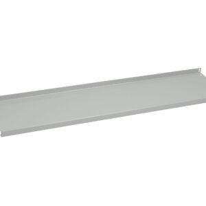 A long, flat, rectangular metal shelf with a lip at each end, designed for mounting. The shelf is light gray and has mounting holes at both ends.