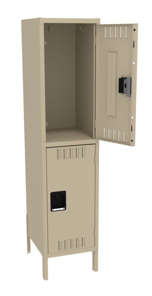 A beige metal locker with two compartments. The top door is open, showing an empty interior with a hook. The bottom door is closed, featuring a ventilation grate and a handle. The locker stands on four legs.