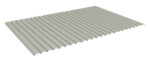 Illustration of a rectangular piece of corrugated sheet metal, shown in a light gray color. The sheet is positioned at an angle, highlighting its ridged texture and uniform, parallel grooves.