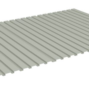Illustration of a rectangular piece of corrugated sheet metal, shown in a light gray color. The sheet is positioned at an angle, highlighting its ridged texture and uniform, parallel grooves.