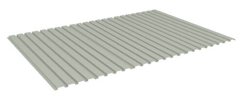 Illustration of a rectangular piece of corrugated sheet metal, shown in a light gray color. The sheet is positioned at an angle, highlighting its ridged texture and uniform, parallel grooves.