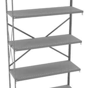 A gray, five-tiered metal shelving unit with adjustable shelves, designed for storage. The frame features crossbars for stability, and the shelves have evenly spaced perforations along the edges. The unit is empty and stands alone on a white background.