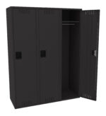 A black, three-door locker set is shown, with the rightmost locker door open, revealing a metal rod and a shelf inside. The two left doors are closed, and each door has a handle and ventilation slits at the top and bottom.