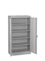 A gray metal storage cabinet with two doors open, revealing five empty shelves inside. The cabinets simple design highlights its utilitarian purpose. The white background focuses attention on the cabinet.