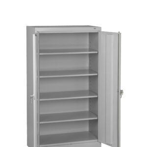 A gray metal storage cabinet with two doors open, revealing five empty shelves inside. The cabinets simple design highlights its utilitarian purpose. The white background focuses attention on the cabinet.