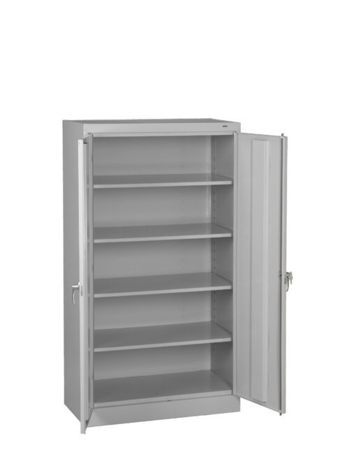 A gray metal storage cabinet with two doors open, revealing five empty shelves inside. The cabinets simple design highlights its utilitarian purpose. The white background focuses attention on the cabinet.