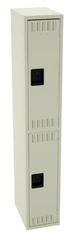 A tall, light-colored metal locker with two compartments, each featuring a black handle and vented slots near the top and bottom. The locker is standing upright against a plain white background.