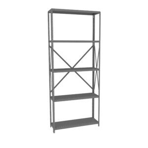 A tall, freestanding metal shelving unit with five shelves. It has a minimalist design and cross-bracing for stability, suitable for garage or warehouse storage. The shelves and frame are in a dark grey finish.