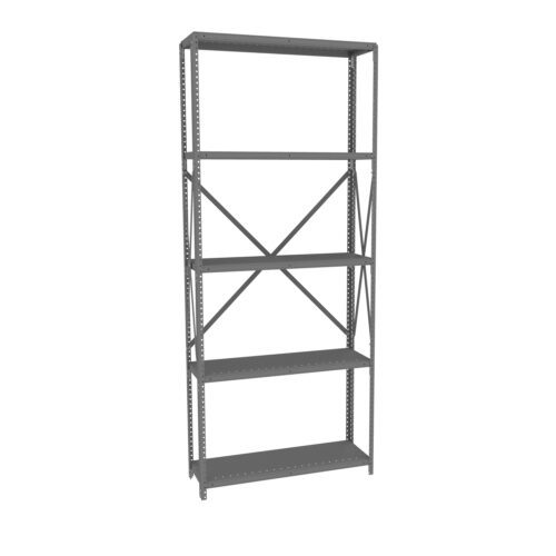 A tall, freestanding metal shelving unit with five shelves. It has a minimalist design and cross-bracing for stability, suitable for garage or warehouse storage. The shelves and frame are in a dark grey finish.
