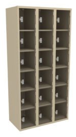 A beige metal locker unit with three columns and five rows, making a total of 15 individual compartments. Each compartment has a latch for securing with a lock.