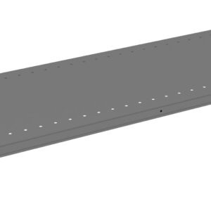 A long, flat, gray metal shelf with evenly spaced holes along the surface. It has small brackets on each end for mounting. The shelf is positioned at a slight angle, showing its depth and design.