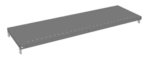 A long, flat, gray metal shelf with evenly spaced holes along the surface. It has small brackets on each end for mounting. The shelf is positioned at a slight angle, showing its depth and design.