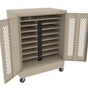 A beige rolling storage cabinet with open doors, revealing multiple horizontal shelves and a vertical power strip in the center. The cabinet has a perforated pattern on the doors and four caster wheels at the base.