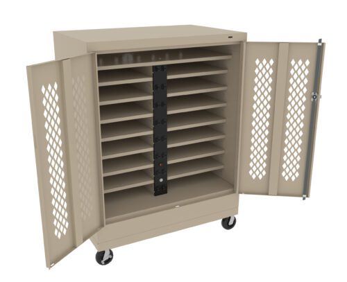 hzzbckf2attrhvc1oahc.jpg A beige rolling storage cabinet with open doors, revealing multiple horizontal shelves and a vertical power strip in the center. The cabinet has a perforated pattern on the doors and four caster wheels at the base.