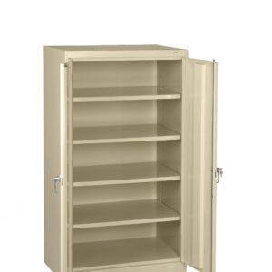 A beige metal cabinet with two open doors revealing five adjustable shelves inside. The cabinet has a simple, industrial design, and each door has a locking handle for securing contents.