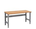A sturdy workbench with a wooden top and metallic gray legs, featuring an adjustable height design. The bench is set against a plain white background.