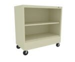 A beige, mobile metal storage unit with two shelves and four black wheels. The shelves have adjustable slots, and the unit has a simple, rectangular design.