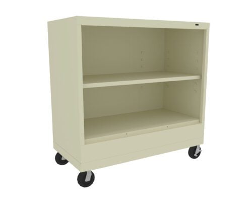 A beige, mobile metal storage unit with two shelves and four black wheels. The shelves have adjustable slots, and the unit has a simple, rectangular design.