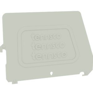 A rectangular metal plate with embossed text tennsco repeated three times. The plate has raised edges and small holes for mounting. Its color is a muted light green.