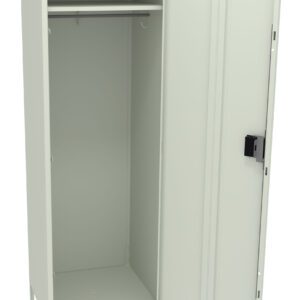 A tall, light gray metal locker with a single open door. Inside, theres a horizontal rod for hanging items at the top. The locker has a simple design with a small lock mechanism on the door.
