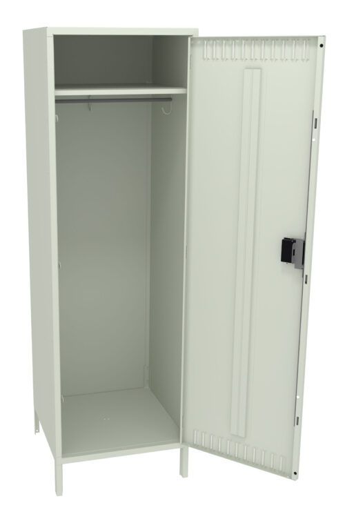 A tall, light gray metal locker with a single open door. Inside, theres a horizontal rod for hanging items at the top. The locker has a simple design with a small lock mechanism on the door.