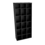 A tall, black, grid-style shelving unit with sixteen square compartments arranged in four rows and four columns. The shelves are empty, and the unit has a simple, modern design.