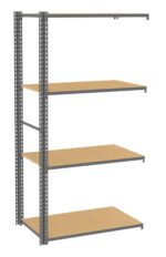 A metal shelving unit with four wooden shelves, supported by a metal frame. The shelves are evenly spaced, providing storage or display space. The structure is simple and industrial in design.