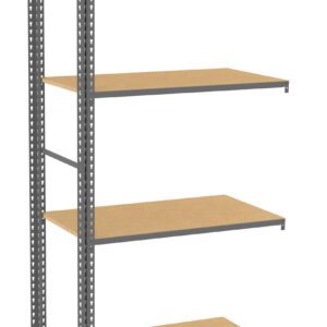 A metal shelving unit with four wooden shelves, supported by a metal frame. The shelves are evenly spaced, providing storage or display space. The structure is simple and industrial in design.