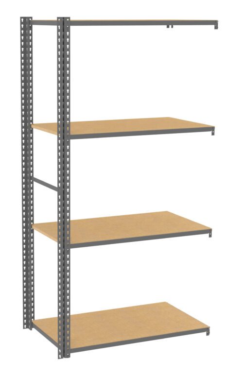 A metal shelving unit with four wooden shelves, supported by a metal frame. The shelves are evenly spaced, providing storage or display space. The structure is simple and industrial in design.