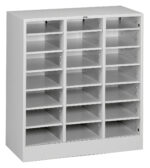 A white, multi-compartment mail organizer with three columns and five rows of adjustable shelves, designed for sorting and storing documents or files. Each compartment is open and evenly spaced.