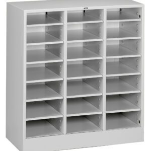 A white, multi-compartment mail organizer with three columns and five rows of adjustable shelves, designed for sorting and storing documents or files. Each compartment is open and evenly spaced.