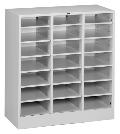 A white, multi-compartment mail organizer with three columns and five rows of adjustable shelves, designed for sorting and storing documents or files. Each compartment is open and evenly spaced.