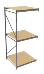 A metal shelving unit with three beige shelves, supported by vertical and horizontal metal bars. It has a simple, industrial design suitable for storage purposes.