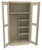 A beige metal storage cabinet with open doors. It has four shelves on the right and a clothing rod on the left, providing space for hanging items and storing folded clothes or other items.