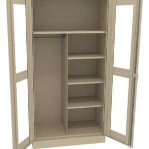 A beige metal storage cabinet with open doors. It has four shelves on the right and a clothing rod on the left, providing space for hanging items and storing folded clothes or other items.