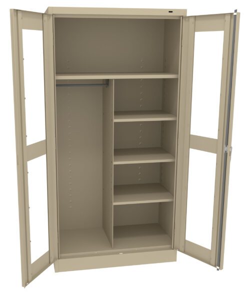 A beige metal storage cabinet with open doors. It has four shelves on the right and a clothing rod on the left, providing space for hanging items and storing folded clothes or other items.