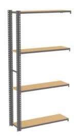 Metal-framed shelving unit with five wooden shelves spaced evenly. The frame is grey with a perforated design, providing adjustable height options for the shelves. The unit is free-standing with an industrial style.