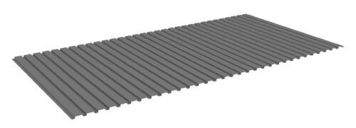 Illustration of a flat, rectangular corrugated metal sheet with evenly spaced parallel ridges, shown on a white background. The sheet is a dark gray color and appears to be for industrial or roofing use.
