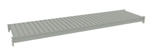 i5zikh2cmp0dtq4dwbhe.jpg A gray metal shelf panel with a slatted design, viewed from a slight angle. The panel has a rectangular shape and is likely used as a part of a shelving unit.