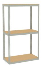 A metal storage rack with three wooden shelves. The frame is a light gray color. The design is simple and utilitarian, suitable for organizing items in a garage or warehouse. The rack is freestanding and has a minimalist appearance.