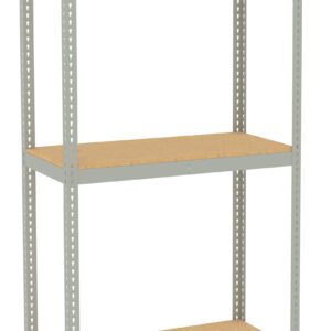 A metal storage rack with three wooden shelves. The frame is a light gray color. The design is simple and utilitarian, suitable for organizing items in a garage or warehouse. The rack is freestanding and has a minimalist appearance.