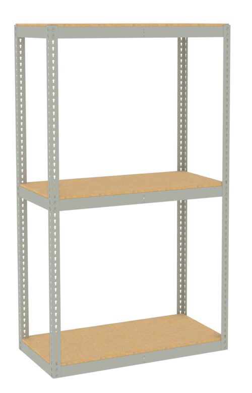 A metal storage rack with three wooden shelves. The frame is a light gray color. The design is simple and utilitarian, suitable for organizing items in a garage or warehouse. The rack is freestanding and has a minimalist appearance.