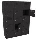 A metal locker unit with three columns of five rows, totaling 15 compartments. Each locker has a small ventilation slit and a keyhole. Two locker doors are open, revealing empty interior spaces. The lockers are dark gray.