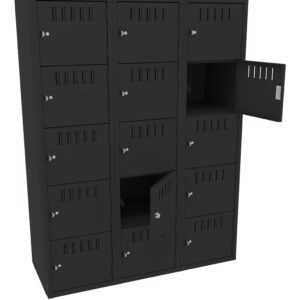 A metal locker unit with three columns of five rows, totaling 15 compartments. Each locker has a small ventilation slit and a keyhole. Two locker doors are open, revealing empty interior spaces. The lockers are dark gray.