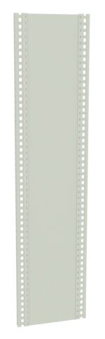 A tall, narrow metal panel with a pale green finish, featuring a series of evenly spaced small holes along both vertical edges.