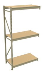 A metal shelving unit with three wooden shelves is shown. The structure is supported by vertical beams with cross-bracing on one side for stability. The shelves are evenly spaced and the unit is designed for storage or organizational purposes.